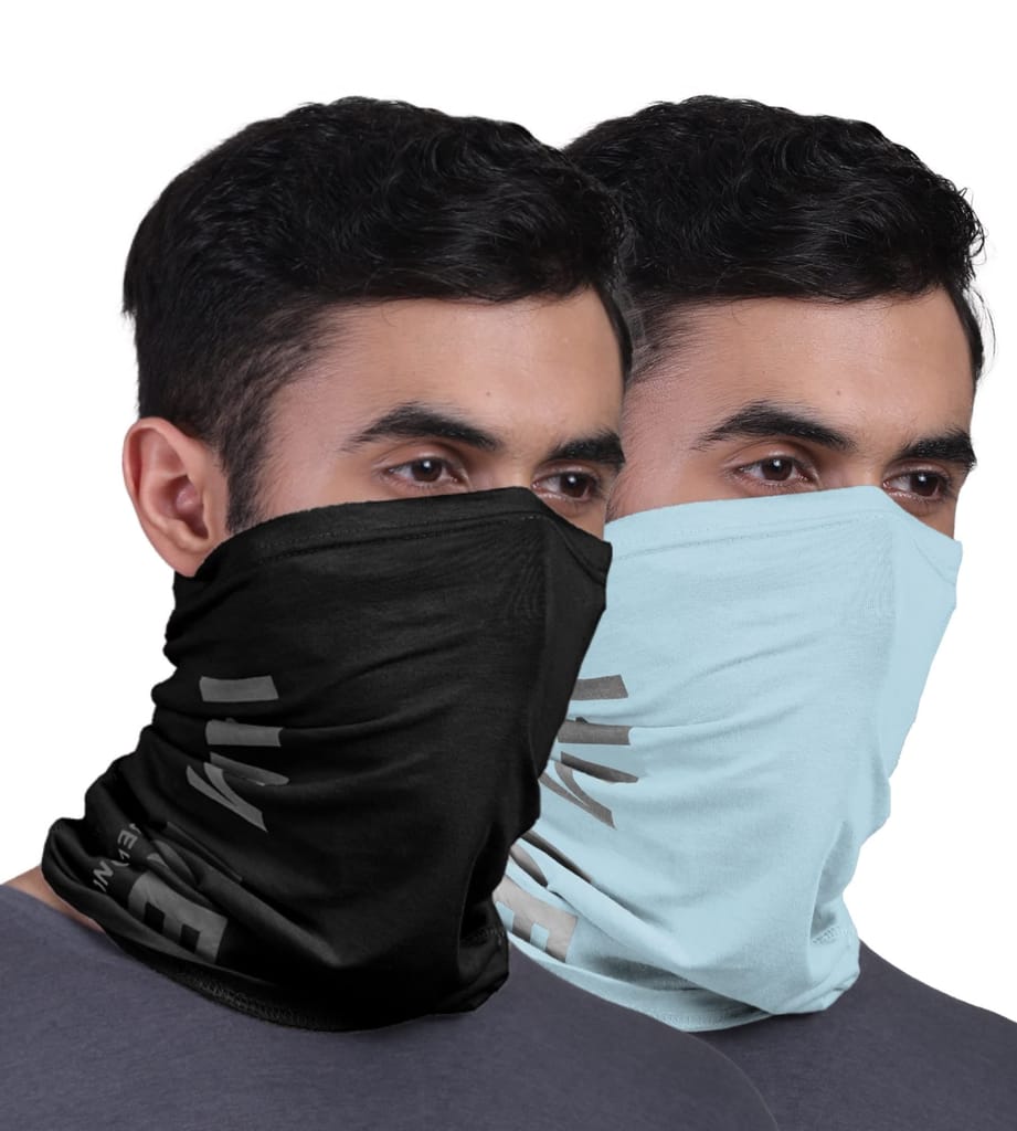 FREECULTR Unisex Bamboo Bandana, Anti Microbial Super Soft & Comfort Fit, Breathable Multipurpose Headband, Face Mask for Dust Protection and Sun - Printed Pack of 2-Black,Chalk Blue