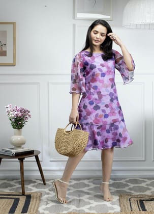 Floral Print A Line Dress - Lavender-S