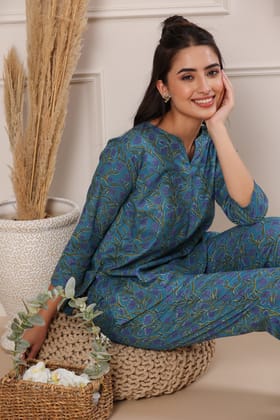 Nidra Lotus Blue Cotton Pyjama Night Suit Set-L