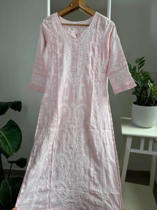 Mul Cotton Chikankari Kurti - Pale Pinki-Pink / cotton / S