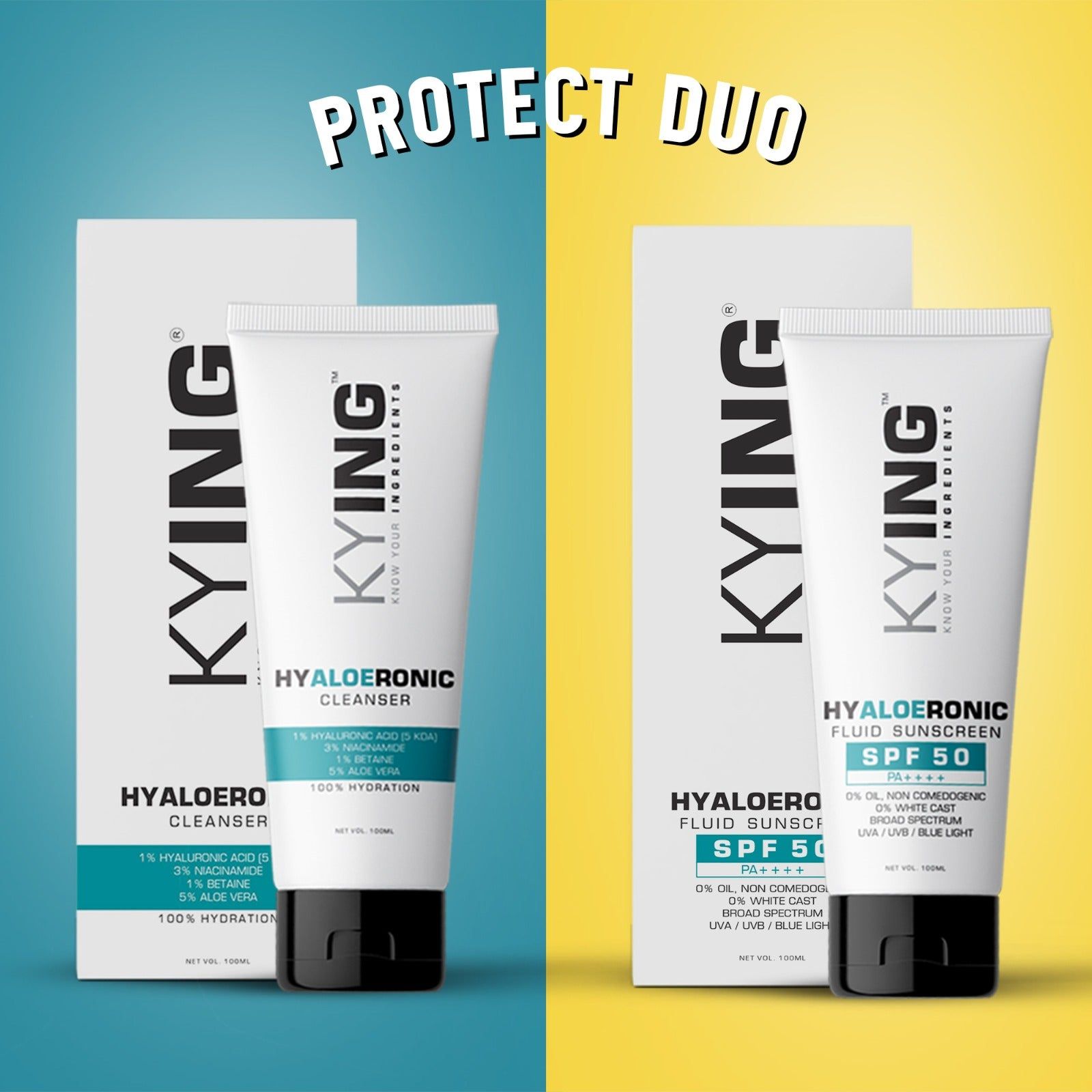 KYING Hyaloeronic Cleanser & Protect Duo: Face Cleanser 100ml, Fluid Sunscreen SPF50 100ml