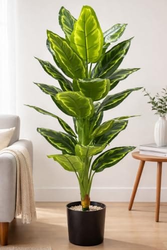 Artificial Plant Dieffenbachia Tree for Home Decor Without Pot 21 Big Leaves - 5 Feet/60 inch (Green)