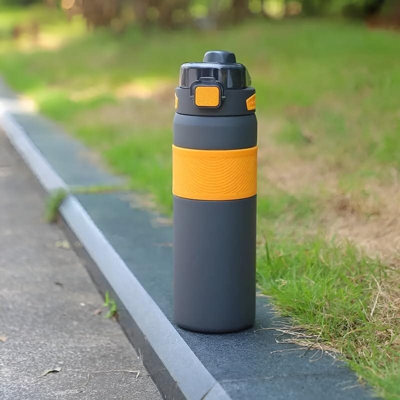 Stylish Dark Grey Water Bottle with Orange Grip - BPA Free & Leak-Proof