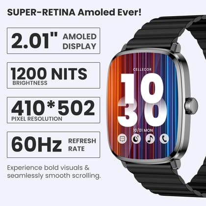CELLECOR M10 Vision 2.01" Super-Retina Amoled Display | 1200 NITS | AOD | BT-Calling | AI Voice | 60Hz Refresh Rate | IP68 | Rotating Crown | SmartWatch