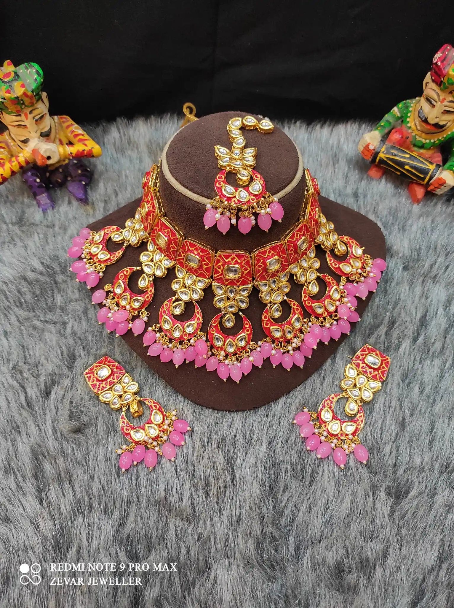 Meenakari Handpainted and Kundan Stone Worked Necklace Set - Red and Pink