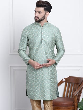 Men's Silk Blend Embroidered Dark Pista Long Kurta-36