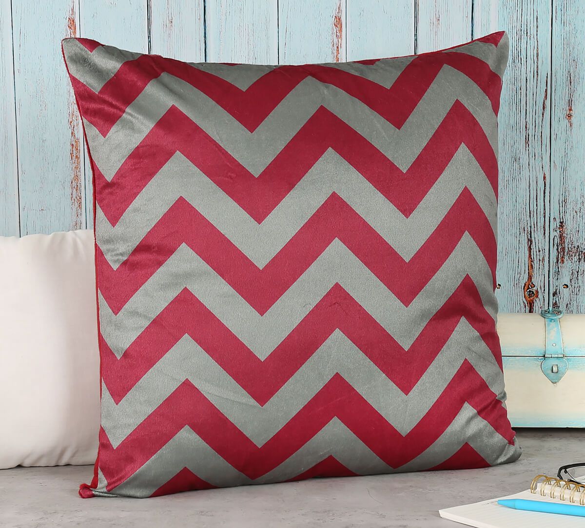 India Circus Carmine Chevron- Blended Velvet Cushion Cover - 12 X 12 Inch