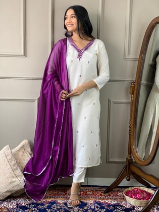WHITE REYON EMBROIDERY WORK KURTI PANT WITH FANCY DUPATTA-S