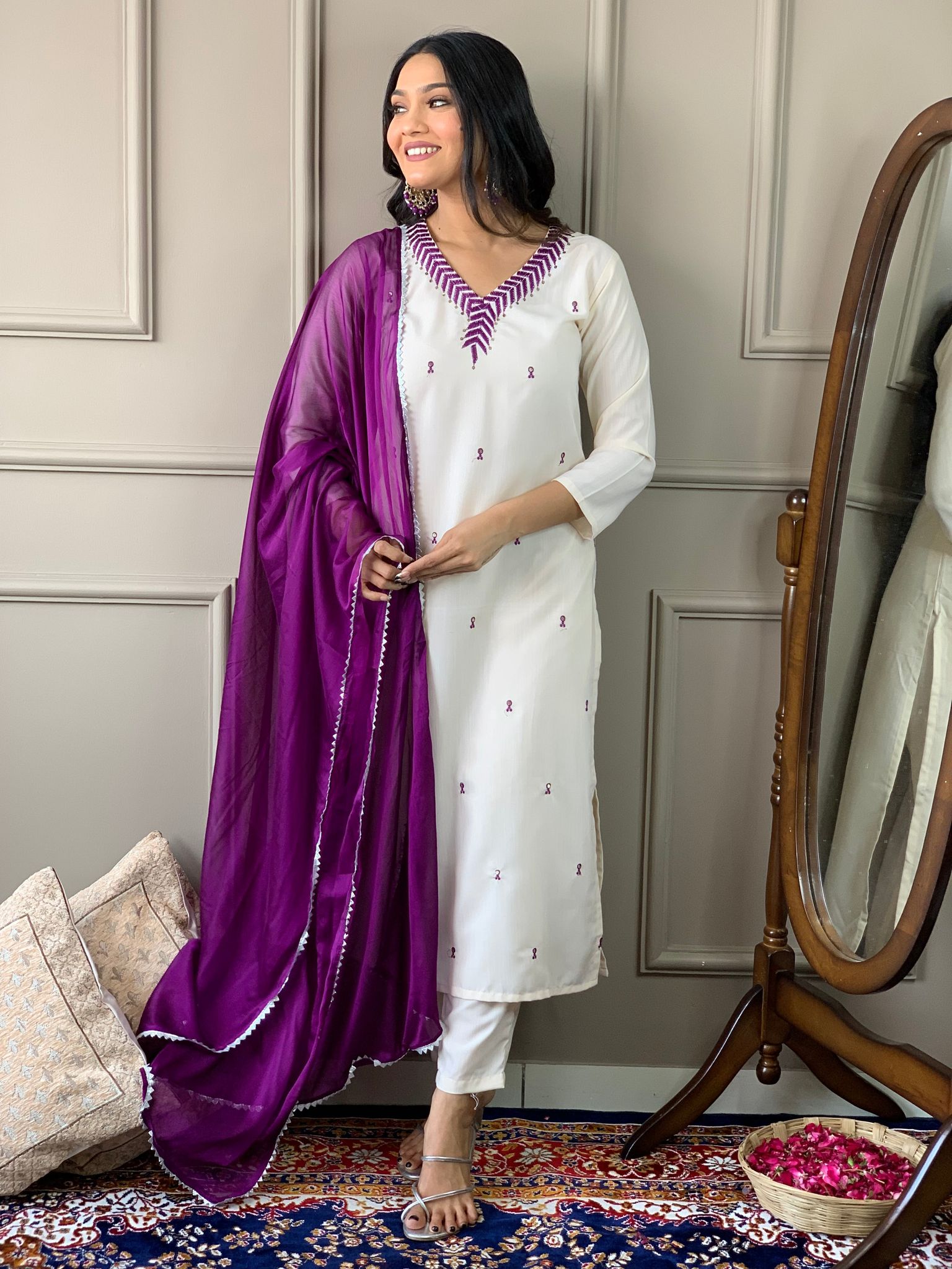 WHITE REYON EMBROIDERY WORK KURTI PANT WITH FANCY DUPATTA-S