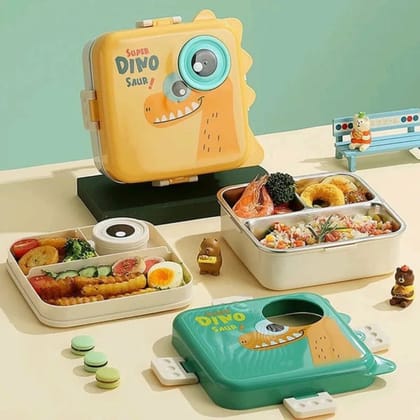 1120ml 5 Compartment Dino Eye Design Steel Lunch Box with Spoon and 70ml Salad Cup-Green