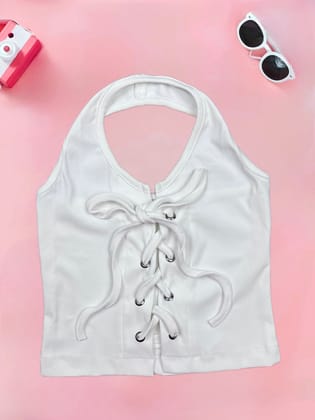 Girl Halter Neck White Top [GT-786]  (3-11 Years)-3-4Y (Size - 22) / Ribbed / White