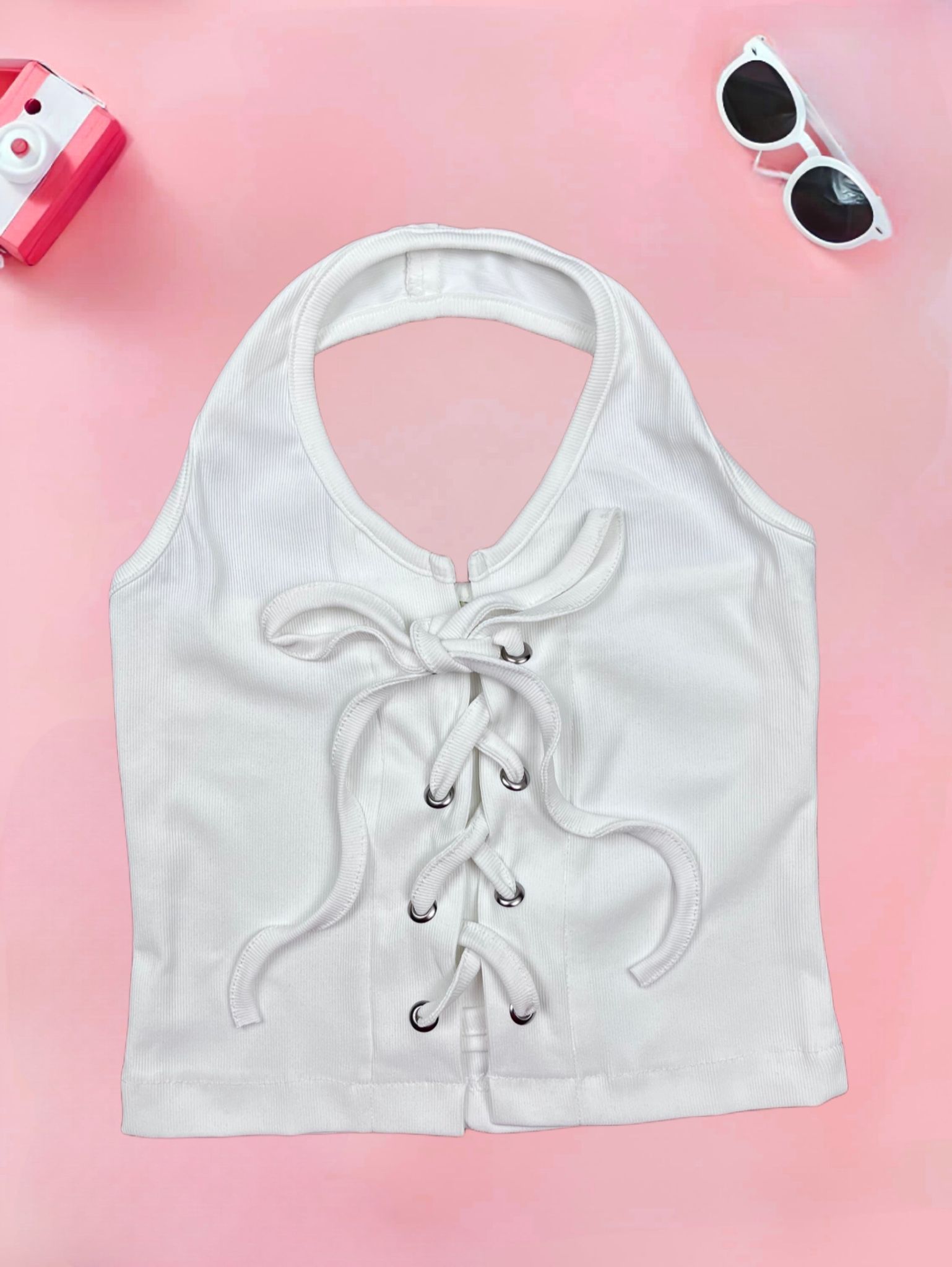 Girl Halter Neck White Top [GT-786]  (3-11 Years)-3-4Y (Size - 22) / Ribbed / White