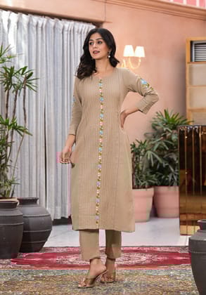 Jute cotton Embroidered Kurta pant set-M