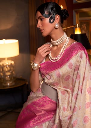 White And Pink Woven Soft Silk Saree