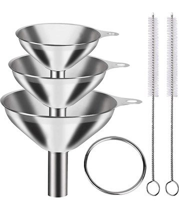 Stainless Steel Funnel Set with Multiple Sizes and Cleaning Brushes for Kitchen and Home Use