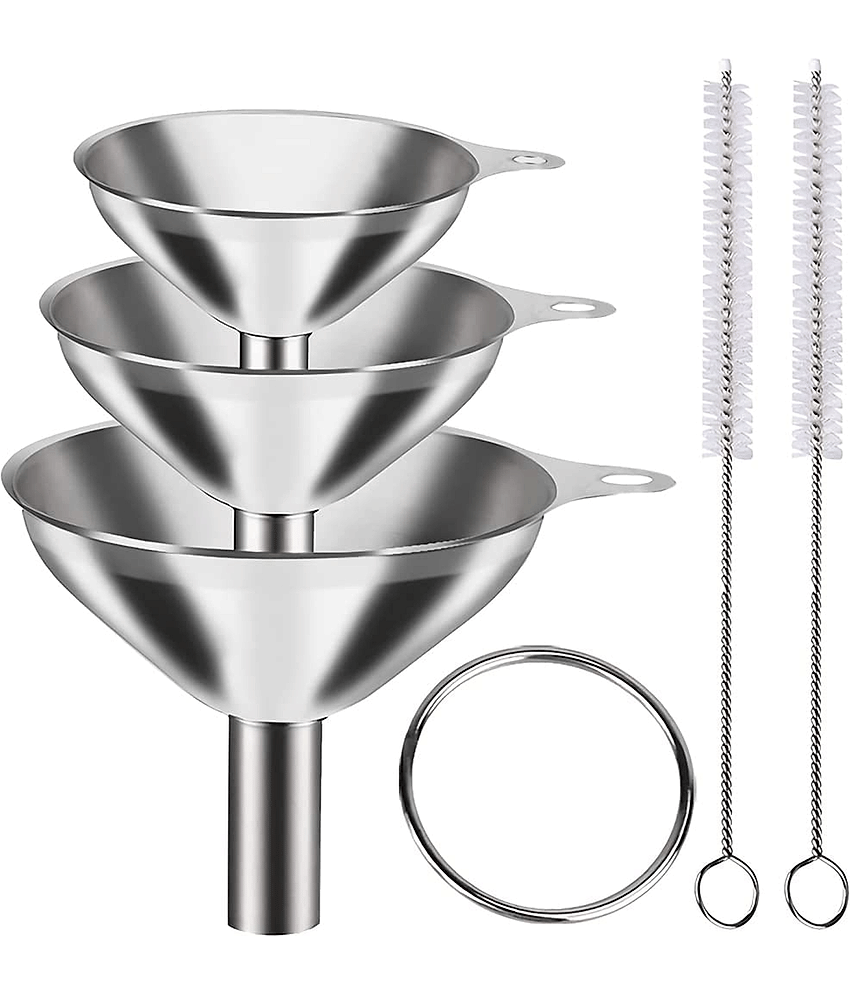 Stainless Steel Funnel Set with Multiple Sizes and Cleaning Brushes for Kitchen and Home Use
