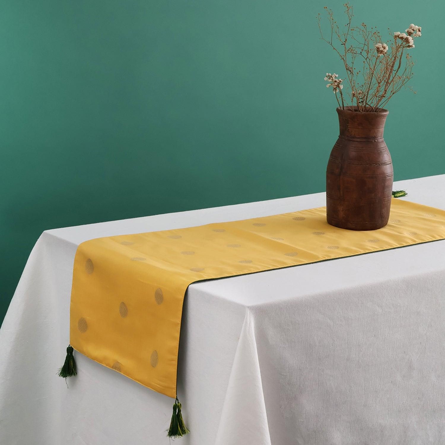 Eyaas Handwoven Yellow Chanderi Table Runner with Golden and Green Motifs  12 x 58 Inches