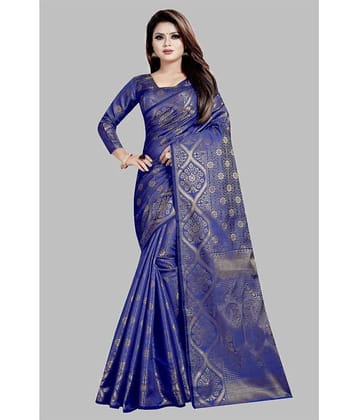 Gazal Fashions Banarasi Silk Printed Saree With Unstitched Blouse Piece ( Blue )