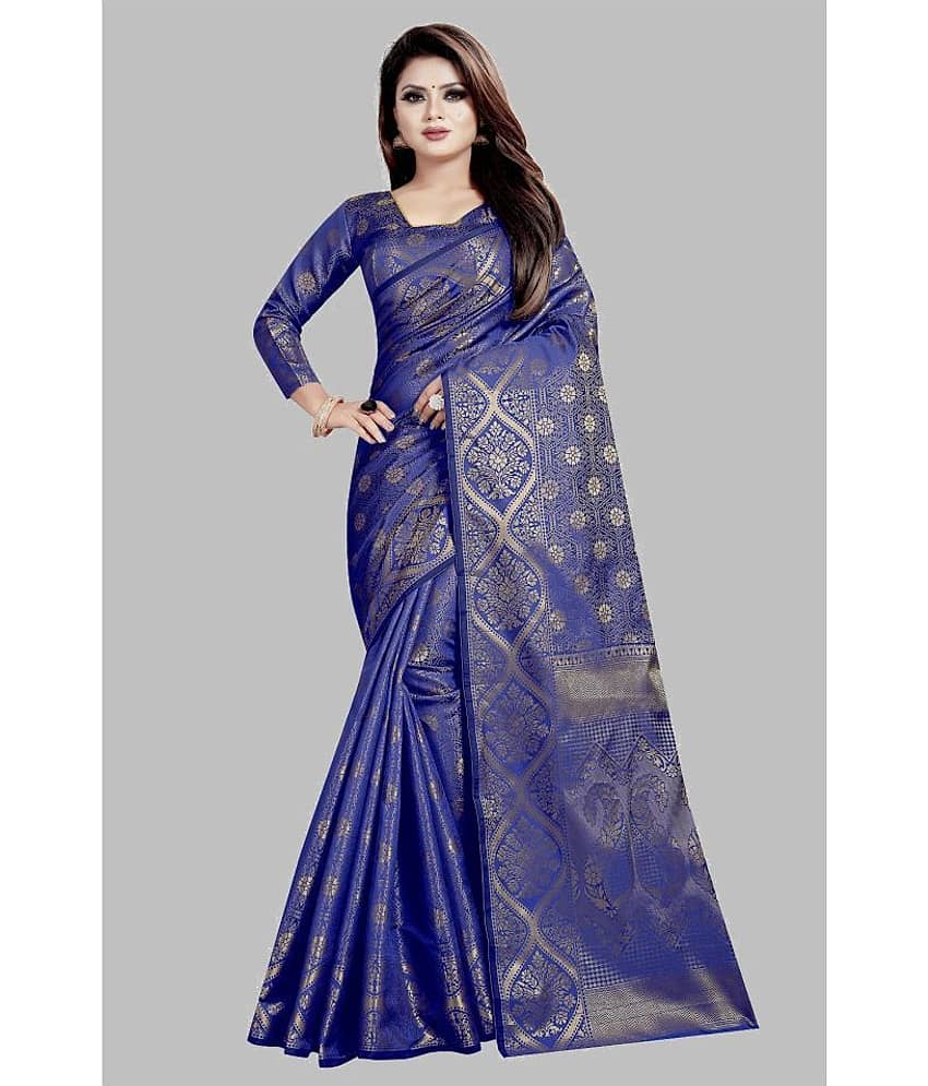 Gazal Fashions Banarasi Silk Printed Saree With Unstitched Blouse Piece ( Blue )