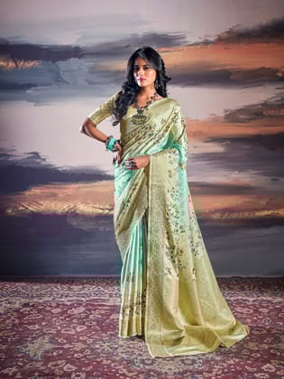 Sea Green Pure Satin silk With Dual Shade and Floral Digital print Saree