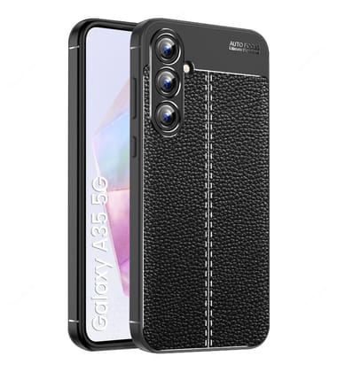 Vegan Leather Rugged Flexible TPU Series Shockproof Armor Back Cover for Samsung Galaxy A35 5G, 6.6 inch, Black