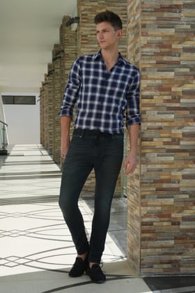 Ammon - Cotton Check Shirt - Navy-S-38 / NAVY