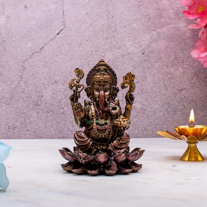 Craftlayout Resin Ganesha Idol Sitting On Lotus with Bronze Finish 4 Inch