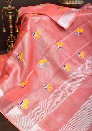 Tissue Linen Saree In Peach with Floral Embroidery