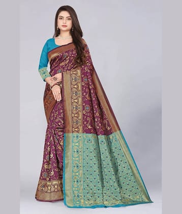 MUKHITA Silk Blend Woven Saree With Unstitched Blouse Piece ( Purple )