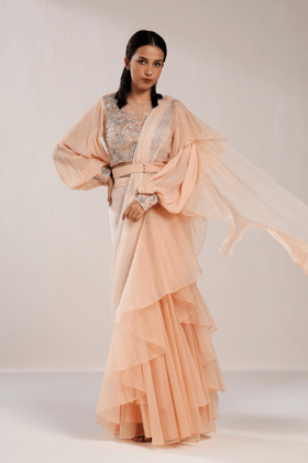 PEACH RUFFLE SAREE WITH METALLIC DORI BLOUSE-XS