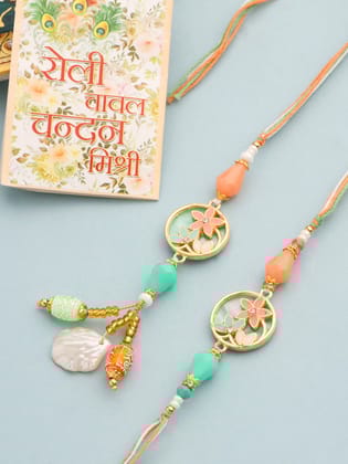 NVR Set of 2 Multicolor Artificial Beads Traditional Bhaiya Bhabhi Pair Rakhi Set with Roli Chawal Chandan & Mishri-One Size / Multicolor