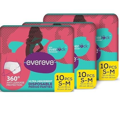 Evereve Ultra Absorbent Disposable Period Panties,S-M,3X10'S Pack,0% Leaks,Sanitary Protection For Women&Girls,Maternity Delivery Pads,360 Protection,Postpartum&Overnight Use,Heavy Flow,Pack Of 30
