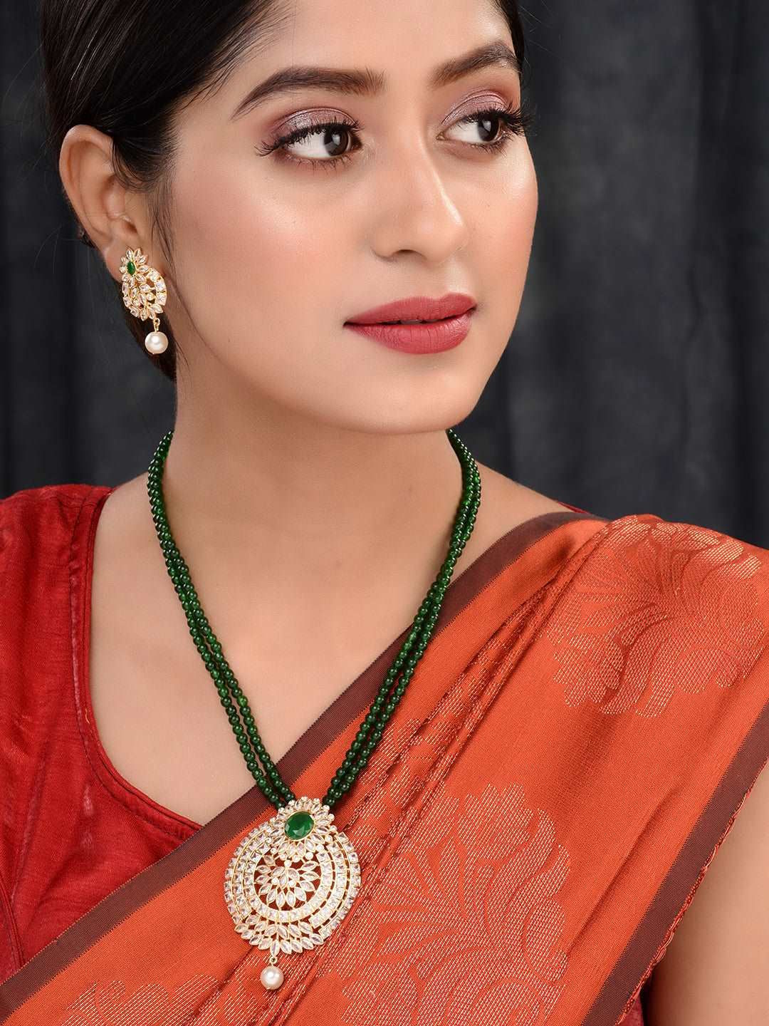 Gold Plated Polki AD studded Green Beads Maala Necklace Set