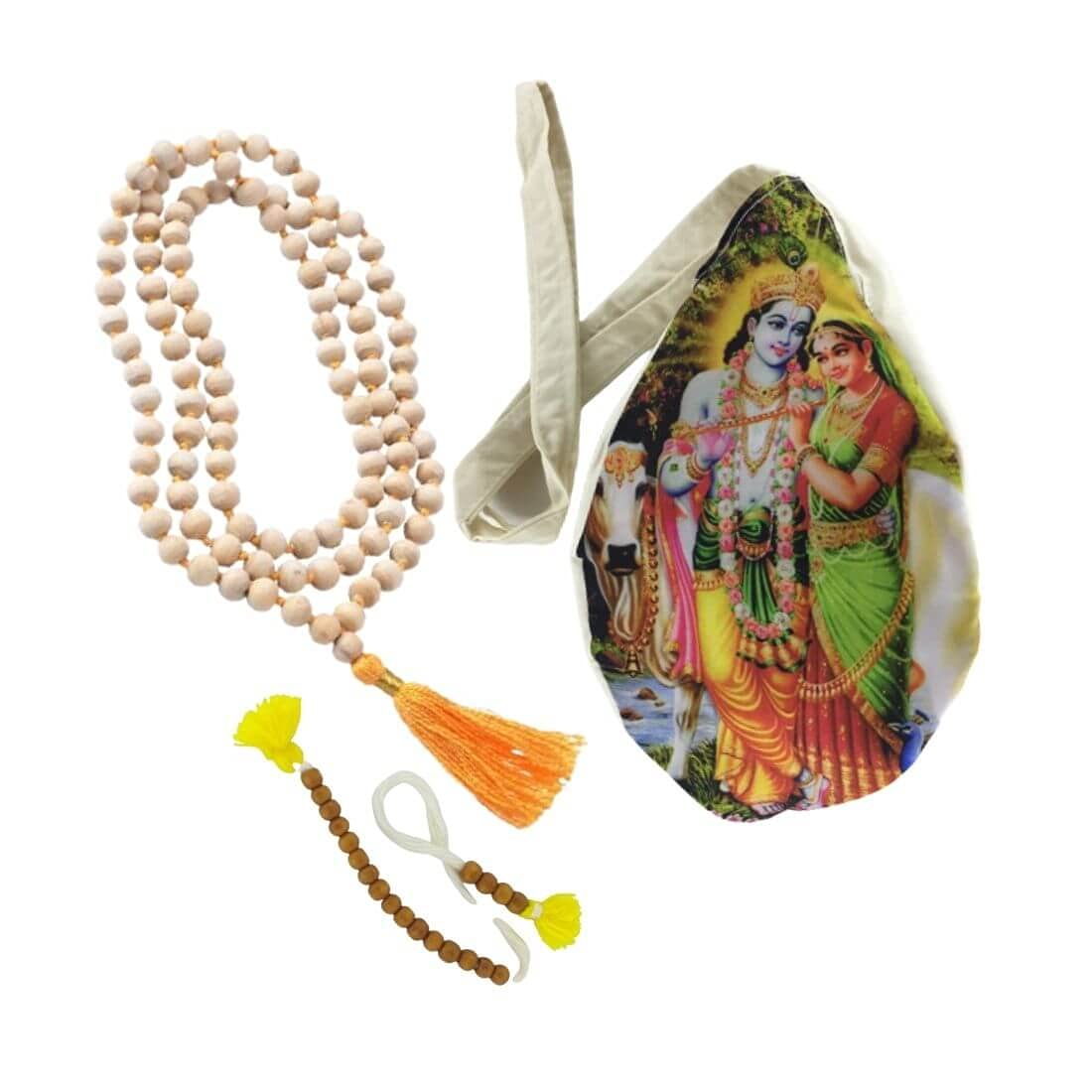 MAYAPURI Multicolor Digital Radha Krishna Printed Pure Cotton Chanting Bag/Japa Mala Bag with Japa Mala 108 Beads Original and Sakshi Mala Counter (Pack of 1 Set)