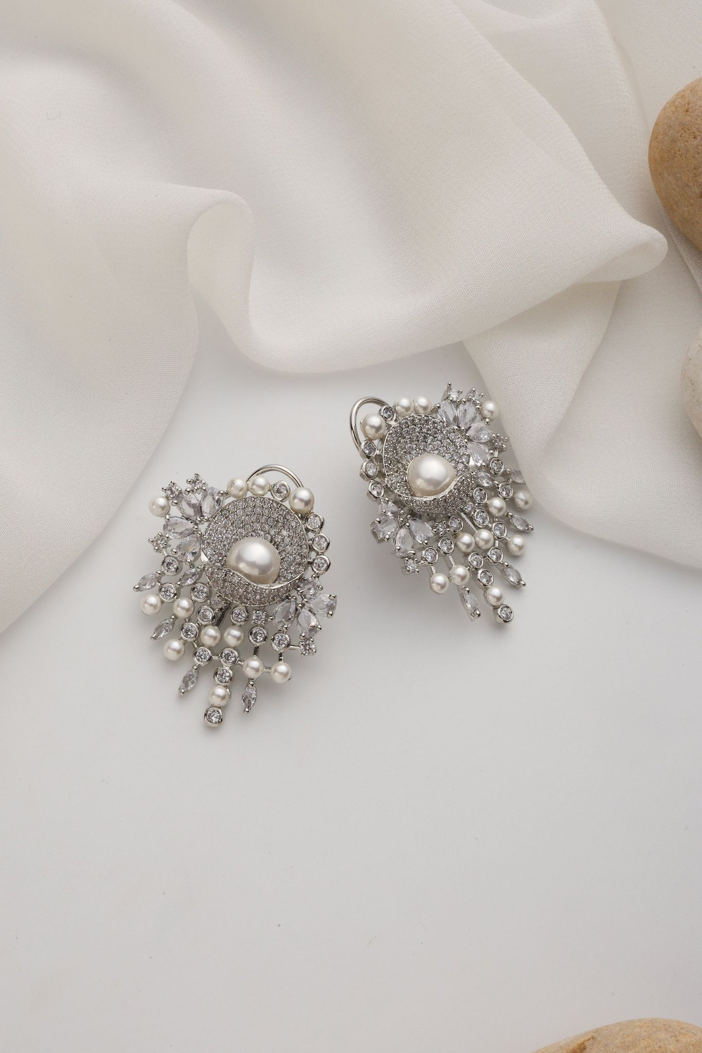 Catalina Silver Zirconia Stud Earrings-Polki