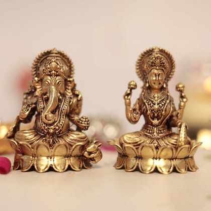 Superfine Brass Lakshmi and Ganesh Pair Sitting on Lotus-Spirituality / Lakshmi Ganesh Pair