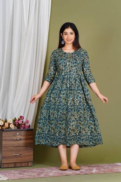 Women Printed Cotton Blend Anarkali Kurta  (Sky Blue)