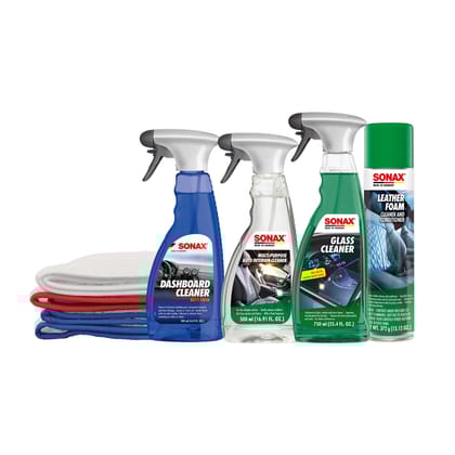 SONAX Luxury Car Care Kit | Rich Foam Shampoo, Interior Cleaner, Glass Cleaner, Brilliant Shine Detailer, Plastic Detailer, Microfiber Cloth Ultra-fine, Interior & Exterior | Shine for All Surfaces