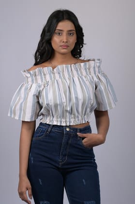 Top for women western wear stylish Grey And White Striped Off Shoulder Top (OTL-TPS1041)-Grey / S
