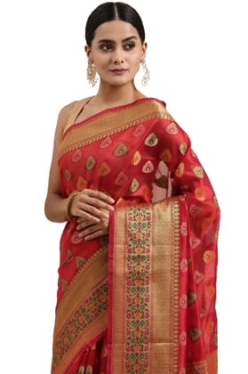 Women's Organza Printed Saree with Unstitched Blouse (Red, 5-6 Mtrs)