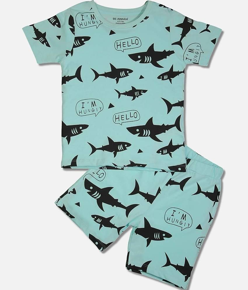 Be Awara Pack of 1 Boys Cotton T-Shirt & Shorts Set ( Blue )