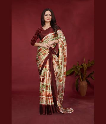 JIHANA FAB Chiffon Printed Saree With Unstitched Blouse Piece ( Brown )