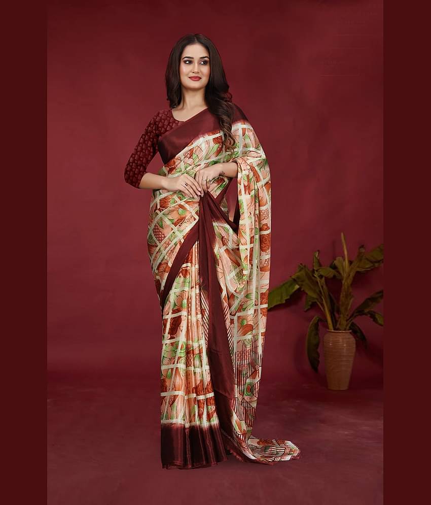 JIHANA FAB Chiffon Printed Saree With Unstitched Blouse Piece ( Brown )