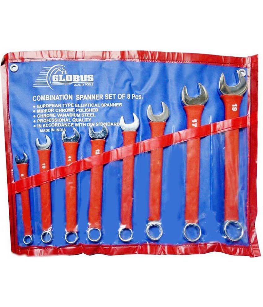 Globus Combination Spanner set with Non-Slip PVC Sleeve in Plastic Kit Roll Tools (Red and Blue) - Set of 8 (8-19 mm)