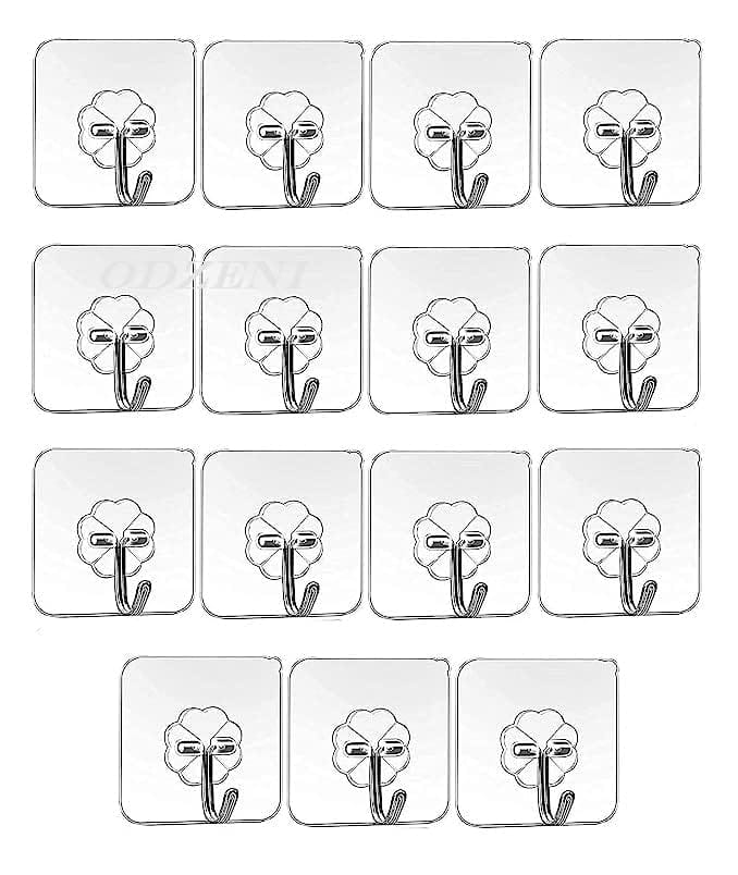 Rudra Adhesive Stronger Plastic Wall Hooks Hangers, Waterproof Stick for Kitchen Bathroom Shower Door Outdoor Home Improvement Utility Hook -15 Pcs Transparent