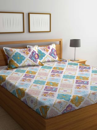 White & Mustard Floral Print 300 TC King Size Fitted Bedsheet with 2 Pillow Covers