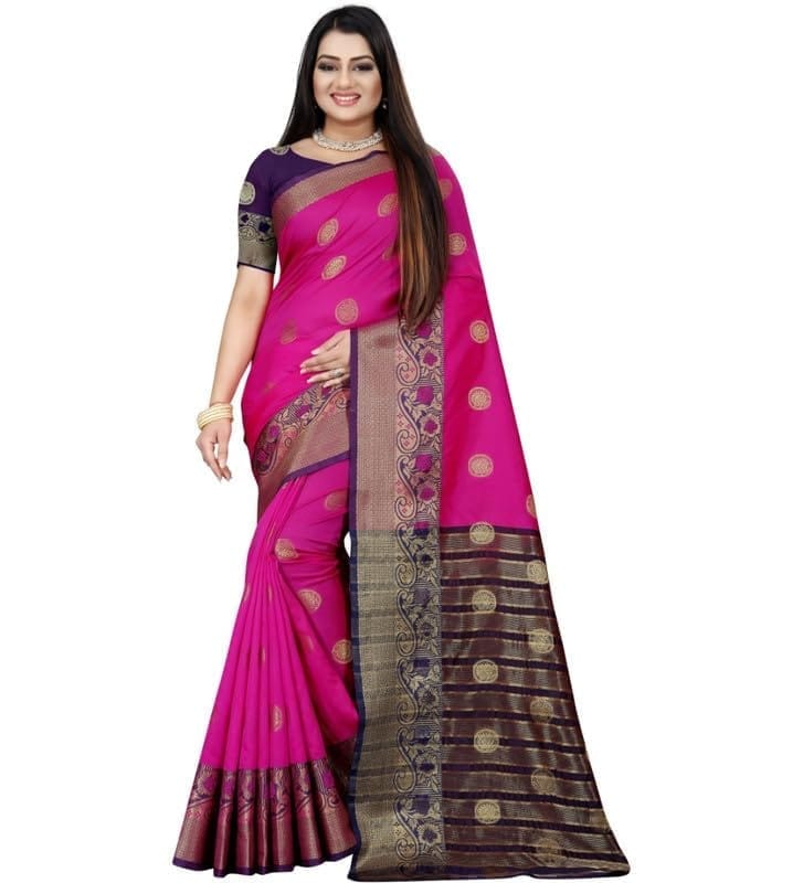 Women's Silk Blend Woven Saree With Unstitched Blouse 5.5Mtr (Blue-Pink)-PID54684
