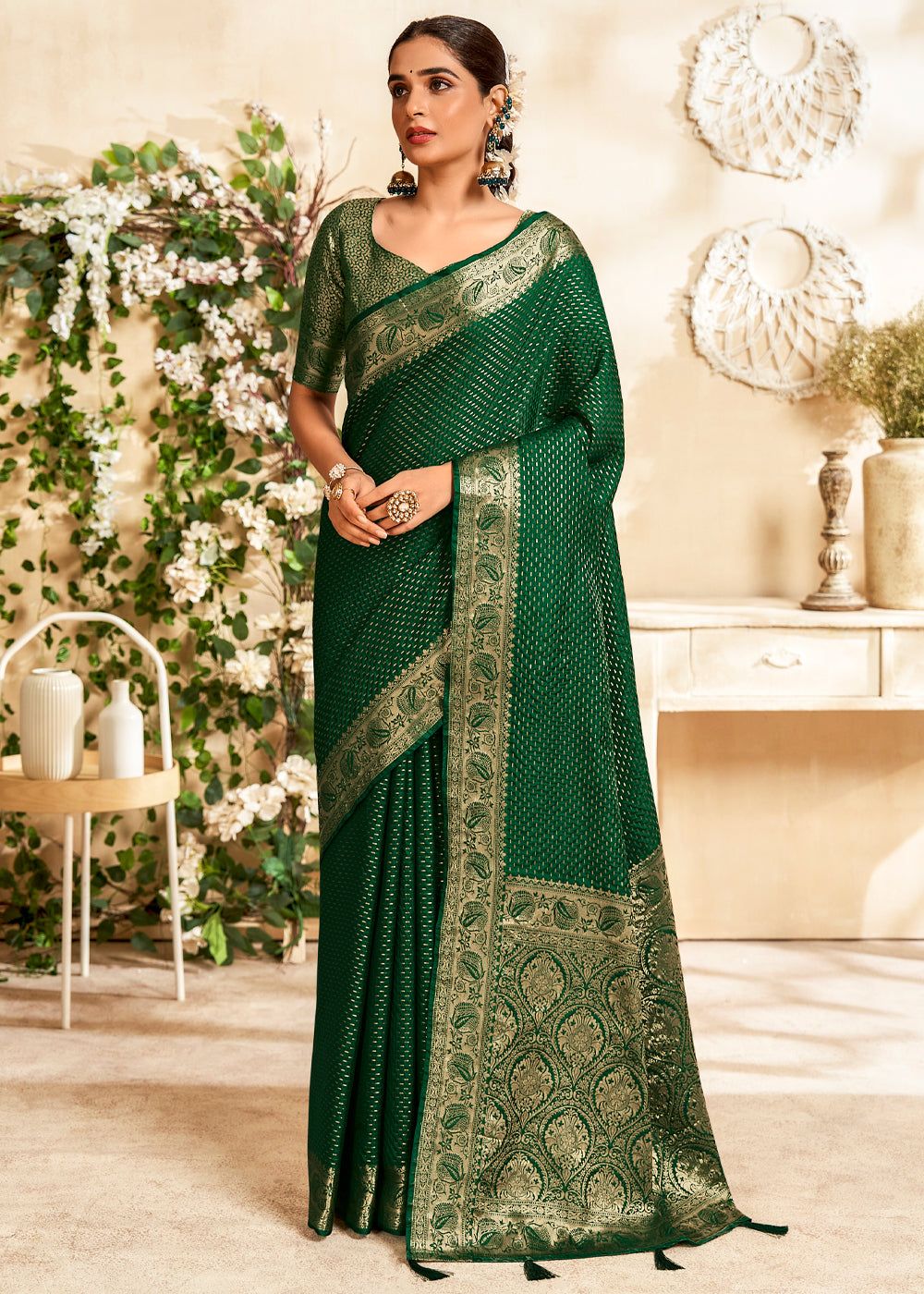 Dark Green Woven Banarasi Silk Saree With Brocade Blouse