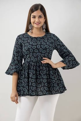 Party Bell Sleeves Printed Women Black Top