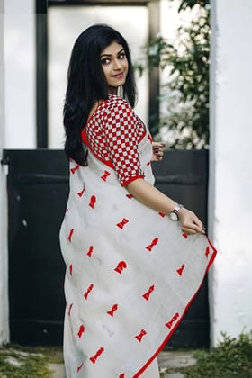 White and Red Colored Party Wear Embroidered Chanderi Silk Saree